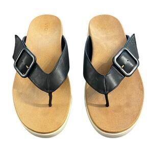 Vionic Black Leather Thong Sandals Arch Support Hook Loop Platform Orthotic 11W